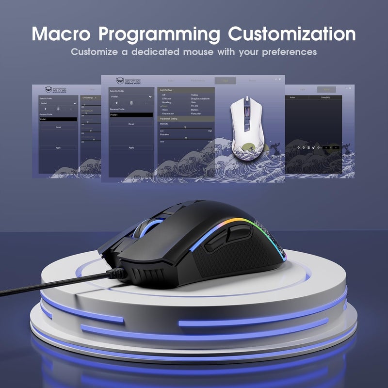 HITIME XVX Wired Gaming Mouse, 12000 DPI RGB Mouse with 12 Backlit Modes & 7 Macro Buttons, Gaming Mice Support DIY Keybinding, Gamer Computer Mice for Laptop PC Mac Windows, Wave - Image 3